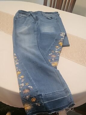 Embroidered Wide-Leg Blue Jeans with Floral Detail Its Been Worn Once